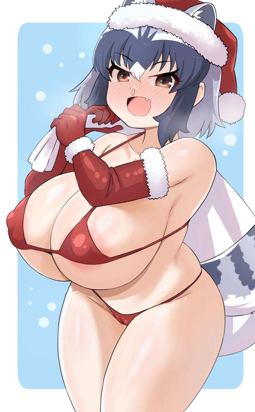 1girl alternate_breast_size animal_ears areola_slip arms_up bikini blush border breasts brown_eyes cameltoe common_raccoon_(kemono_friends) covered_nipples cowboy_shot ears_through_headwear elbow_gloves extra_ears fang fur-trimmed_gloves fur_trim gloves grey_hair hat highres holding holding_sack huge_breasts kemono_friends large_areolae looking_at_viewer medium_hair micro_bikini multicolored_hair nose_blush open_mouth outside_border raccoon_ears raccoon_girl raccoon_tail ras_(ras33635191) red_bikini sack santa_hat skindentation smile snot solo swimsuit tail white_border white_hair