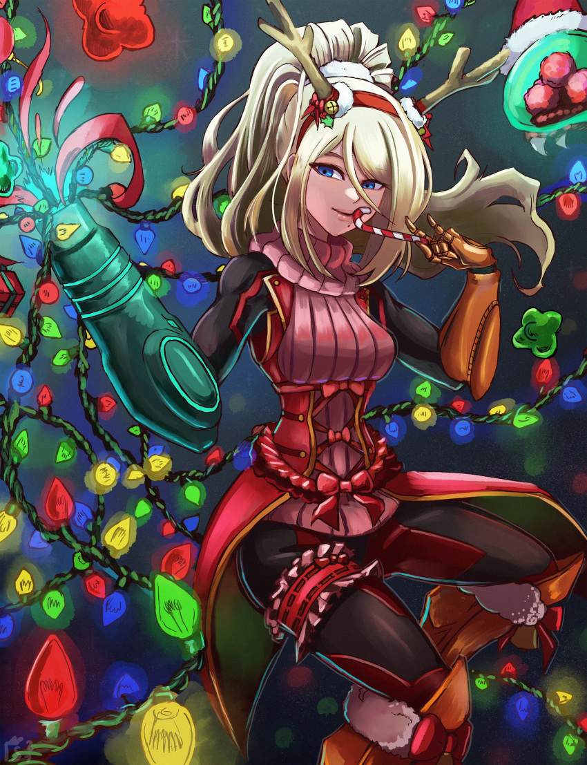 alternate_color alternate_costume antlers arm_cannon blonde_hair blue_eyes candy candy_cane christmas christmas_lights food gift glowing hat highres holding holding_candy holding_food legband legs metroid metroid_(creature) mole pantyhose ponytail reindeer_antlers samus_aran santa_costume santa_hat skin_tight stoic_seraphim thighs weapon x_parasite