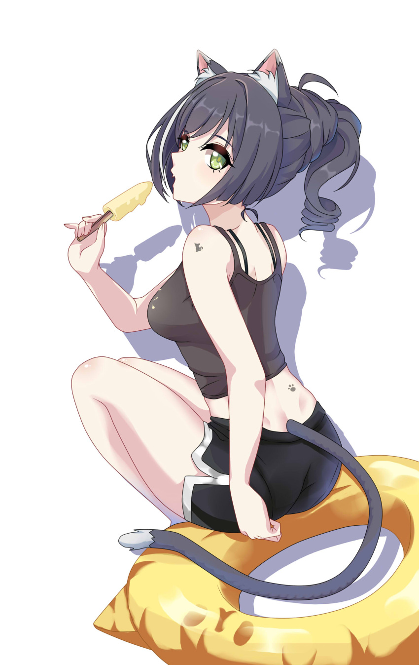 1girl absurdres animal_ear_fluff animal_ears bare_arms bare_legs black_hair black_shirt black_shorts cat_ears cat_girl cat_tail dolphin_shorts food green_eyes half_updo highres holding holding_food innertube karyl_(princess_connect!) maxwelzy midriff popsicle princess_connect! shadow shirt short_shorts shorts shoulder_blades shoulder_tattoo simple_background sitting sleeveless sleeveless_shirt solo tail tattoo white_background