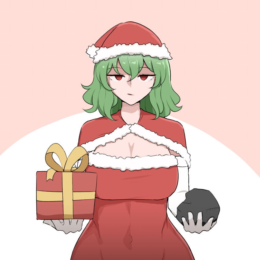 1girl breasts capelet cleavage coal commentary english_commentary fur_trim gift green_hair hat highres holding holding_gift kazami_yuuka large_breasts looking_at_viewer mata_(matasoup) red_capelet red_eyes red_headwear santa_costume santa_hat short_hair solo touhou two-tone_background