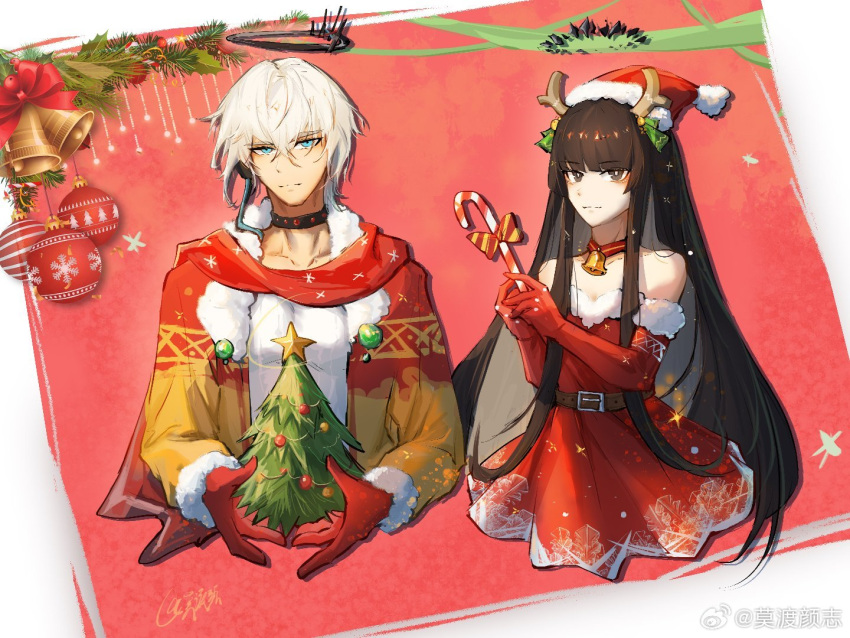 1boy 1girl alternate_costume antlers arknights artist_name bare_shoulders bell belt belt_buckle black_choker black_hair black_halo blue_eyes blunt_bangs border bow breasts bright_pupils broken_halo brown_belt buckle cable candy candy_cane choker christmas christmas_lights christmas_ornaments christmas_tree cleavage closed_mouth collar collarbone colored_inner_hair commentary cousins cropped_torso crossed_bangs dark_halo diagonal-striped_bow diagonal_stripes dress earpiece elbow_gloves executor_(arknights) fake_antlers food fur-trimmed_dress fur-trimmed_gloves fur-trimmed_headwear fur-trimmed_jacket fur-trimmed_sleeves fur_trim gloves grey_eyes grey_hair hair_between_eyes hair_flowing_over hair_ornament halo hands_up hat hime_cut holding holding_candy holding_candy_cane holding_christmas_tree holding_food jacket jingle_bell light_smile long_bangs long_hair long_sleeves looking_at_viewer mechanical_halo messy_hair mistletoe moduyanzhi multicolored_clothes multicolored_hair multicolored_jacket neck_bell open_clothes open_jacket outside_border pectorals pine_tree pleated_dress pom_pom_(clothes) print_dress print_gloves print_jacket print_scarf red_background red_bow red_collar red_dress red_gloves red_headwear red_jacket red_ribbon red_scarf reindeer_antlers ribbon santa_costume santa_hat scarf shadow shirt short_dress short_hair sidelocks signature small_breasts snowflakes standing star_(symbol) straight_hair strapless strapless_dress striped toned toned_male tree two-tone_hair two-tone_jacket upper_body very_long_hair virtuosa_(arknights) watermark weibo_logo weibo_username white_border white_pupils white_shirt yellow_jacket