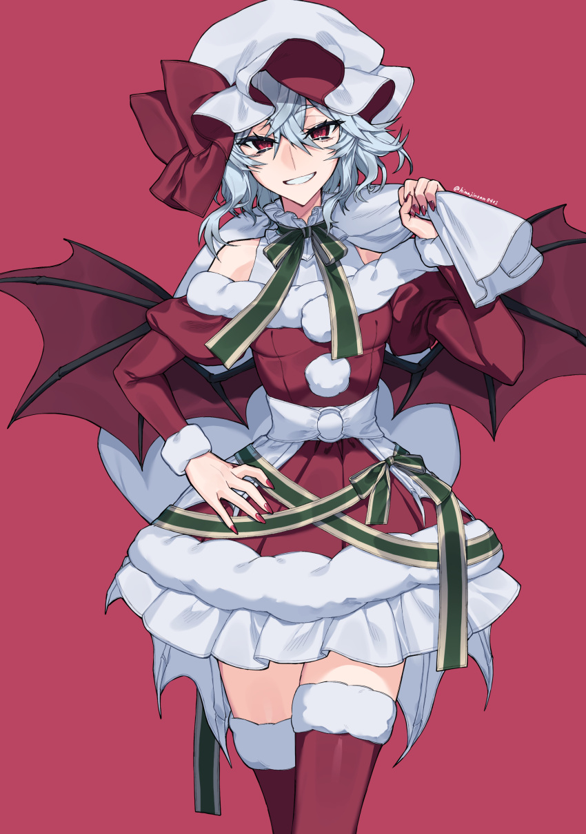 1girl absurdres bare_shoulders bat_wings blue_hair bow cowboy_shot dress frilled_dress frills hand_on_own_hip hat hat_bow highres himadera holding holding_sack long_sleeves looking_at_viewer mob_cap puffy_long_sleeves puffy_sleeves red_background red_bow red_nails red_theme red_thighhighs red_wings remilia_scarlet sack santa_costume smile solo thighhighs touhou twitter_username wings