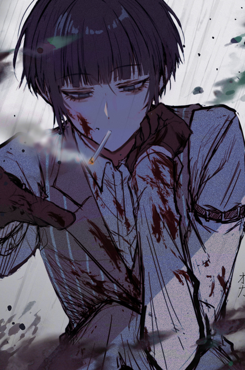 1boy absurdres blood blood_on_clothes blunt_bangs brown_pants brown_vest cigarette collared_shirt facing_viewer gloves grey_eyes highres long_sleeves looking_down male_focus nakahara_satori no_salvation pants purple_hair red_gloves shirt short_hair smoking solo vest white_shirt yanmi_zn