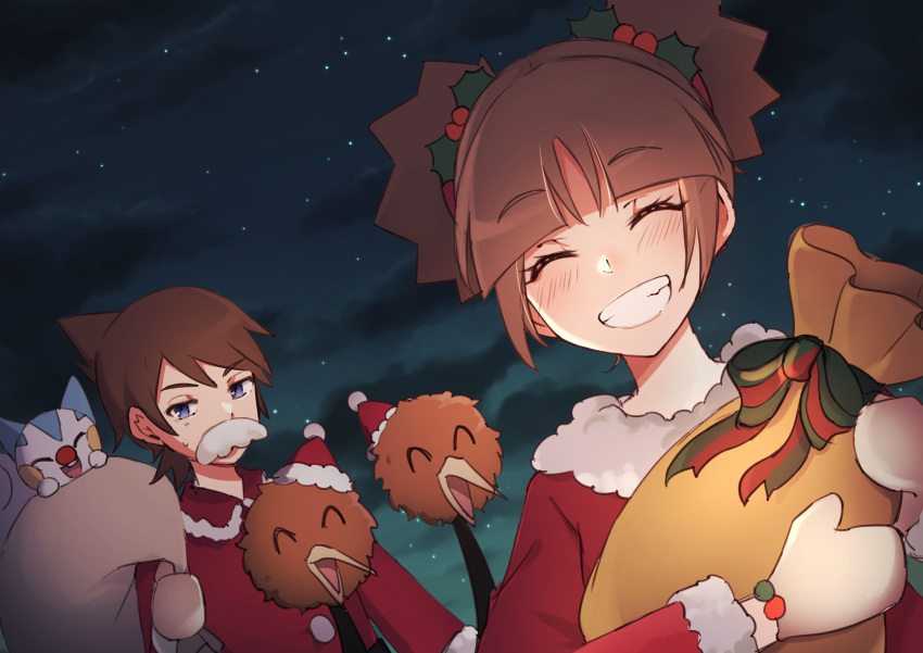 1boy 1girl ^_^ absurdres blush bow brown_hair closed_eyes cloud commentary_request doduo eyelashes fake_facial_hair fake_mustache gloves green_bow grin hair_ornament highres holding holding_sack holly_hair_ornament jacket kate_(pokemon) kellyn_(pokemon) night outdoors pachirisu pnz_(ponzu7s) pokemon pokemon_(creature) pokemon_ranger pokemon_ranger_2 red_jacket sack short_hair sky smile teeth