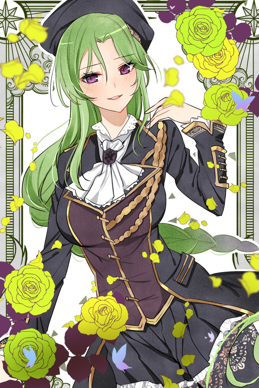 1girl arm_at_side ascot assault_lily black_jacket black_pantyhose black_skirt blush braid breasts bug butterfly commentary_request falling_petals flower frilled_skirt frills green_flower green_hair green_rose grin hand_up highres jacket kikikaikai_(kikikaikai_chan) large_breasts long_hair long_sleeves looking_at_viewer miniskirt murakami_tokiwa ornate_border outside_border pantyhose parted_bangs parted_lips petals pleated_skirt protected_link purple_butterfly purple_eyes rose sidelocks single_braid skirt smile solo standing very_long_hair white_ascot white_background yellow_flower yellow_rose