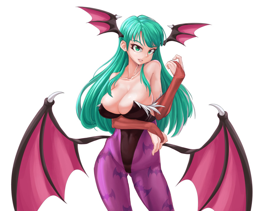 5:4 armwear big_breasts black_clothing black_leotard breasts brown_armwear brown_clothing capcom cleavage clothed clothing darkstalkers demon demon_humanoid eyelashes female gm_laz green_eyes green_hair hair head_wings hi_res huge_breasts humanoid legwear leotard long_hair membrane_(anatomy) membranous_wings morrigan_aensland navel_outline purple_clothing purple_legwear simple_background solo succubus tan_body tan_skin thick_thighs white_background wide_hips winged_humanoid wings