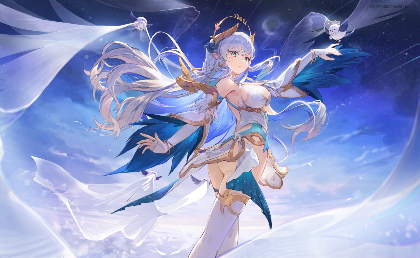 1girl ass bare_shoulders bird blue_eyes blue_feathers bracelet braid breasts bridal_gauntlets dress feather-trimmed_sleeves feathers gold_bracelet gold_trim grey_hair halo hansum highres hikanari_hina jewelry large_breasts long_hair official_art phase_connect pointy_ears solo thighhighs white_bridal_gauntlets white_dress white_thighhighs wing_hair_ornament
