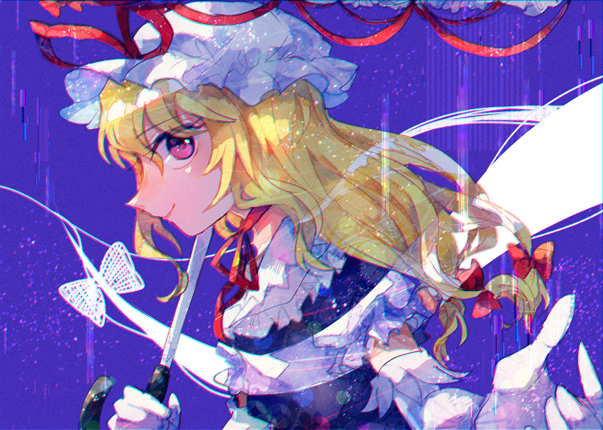 1girl blonde_hair bow closed_mouth dress elbow_gloves gloves hair_bow hat hat_ribbon holding holding_umbrella itomugi-kun long_hair mob_cap profile purple_dress purple_eyes red_bow red_ribbon ribbon short_sleeves smile solo touhou umbrella upper_body white_gloves white_headwear yakumo_yukari