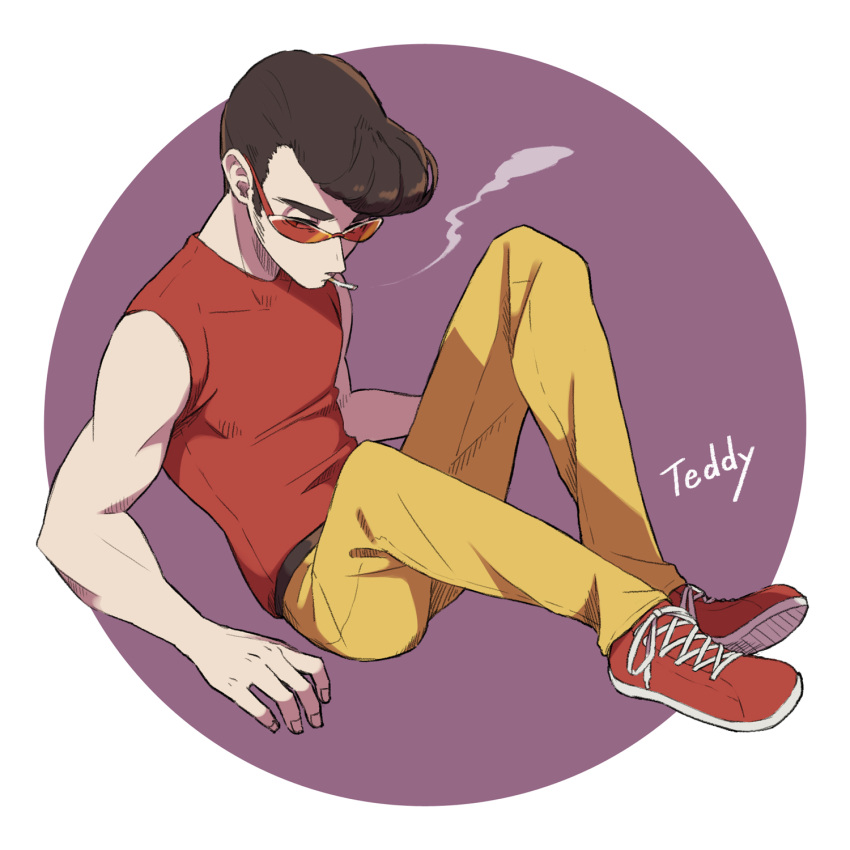 1boy black_hair character_name cigarette highres male_focus mother_(game) mother_1 mouth_hold pants pompadour red-tinted_eyewear red_footwear red_shirt round_image shifumame shirt short_sleeves sitting smoke smoking solo teddy_(mother) tinted_eyewear yellow_pants