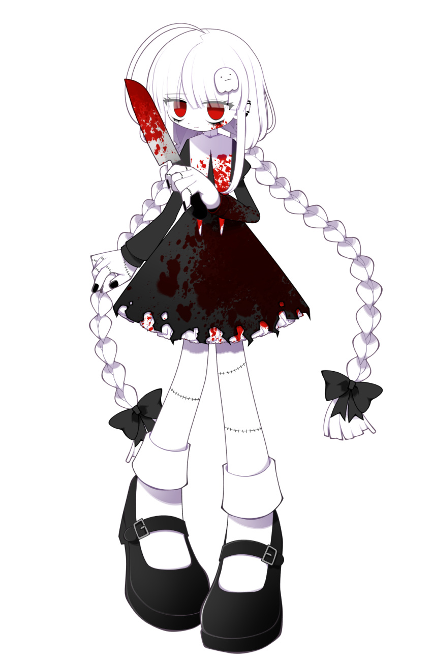 1girl black_bow black_dress black_footwear black_nails blood blood_on_clothes blood_on_dress blood_on_face blood_on_knife blood_on_weapon bow braid colored_skin dress earrings funamusea funamusea_(artist) ghost ghost_hair_ornament gothic_lolita hair_bow hair_ornament highres holding holding_knife holding_weapon indie_virtual_youtuber jewelry knife lolita_fashion mochiko_(funamusea) nail_polish official_art red_eyes sandals socks solo stitched_hand stitched_leg stitches transparent_background weapon white_hair white_skin