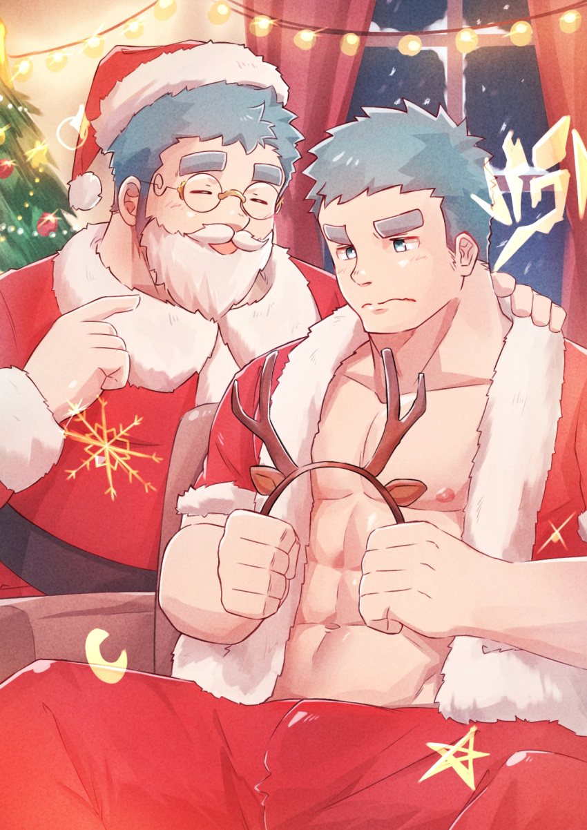 2boys alternate_costume animal_costume bara bare_pectorals blush christmas christmas_tree crave_saga fake_beard fake_facial_hair feet_out_of_frame glasses hat highres huge_eyebrows indoors jeffrey_(crave_saga) jeron_(crave_saga) large_pectorals light_blush male_focus mature_male multiple_boys navel nipples pectorals plump poteto02888292 red_headwear reindeer_costume round_eyewear santa_costume santa_hat short_hair smile snowflakes spread_legs toned toned_male