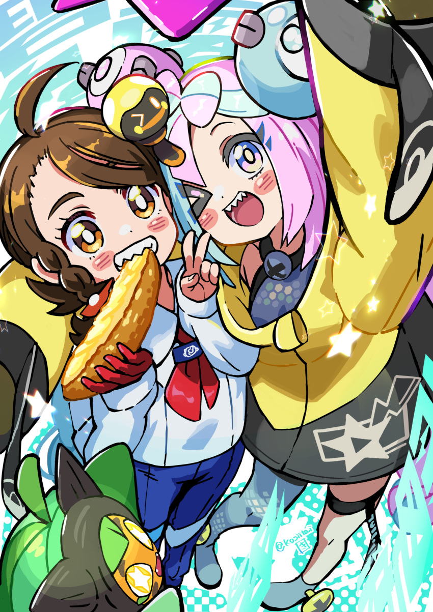 2girls ;d absurdres ahoge blue_pants blush_stickers bow-shaped_hair braid bright_pupils brown_eyes brown_hair character_hair_ornament collared_shirt commentary_request eyelashes food green_hair grey_shirt hair_ornament highres iono_(pokemon) jacket juliana_(pokemon) kingin knees long_hair multicolored_hair multiple_girls ogerpon one_eye_closed open_mouth pants pink_hair pokemon pokemon_(creature) pokemon_sv shirt sleeveless sleeveless_shirt smile tadbulb thigh_strap two-tone_hair v white_pupils yellow_jacket