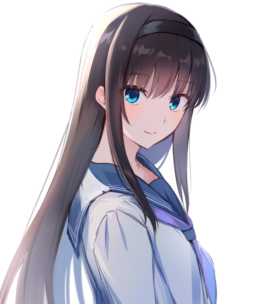 1girl black_hair black_hairband blouse blue_eyes blue_neckerchief blue_sailor_collar blue_shirt blush closed_mouth hairband highres long_hair looking_at_viewer neckerchief nemu_mohu sailor_collar school_uniform serafuku shirt sidelocks simple_background smile solo tohno_akiha tsukihime tsukihime_(remake) very_long_hair white_background