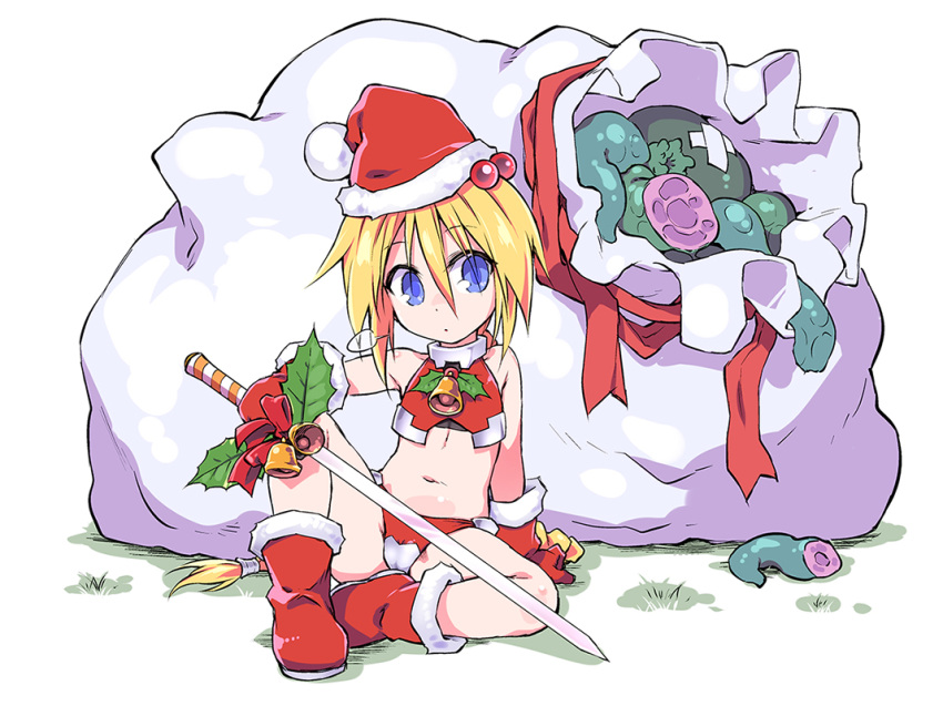 bag bell blonde_hair blue_eyes boots christmas fur-trimmed_footwear fur_trim girl_with_a_blonde_braid_(tomoshibi_hidekazu) grass hair_ornament hat holly holly_hair_ornament neck_bell original outdoors red_footwear santa_hat sword tentacles tomoshibi_hidekazu weapon white_background