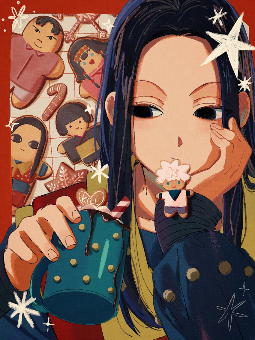 &lt;o&gt;_&lt;o&gt; 1boy alluka_zoldyck alternate_costume black_eyes black_hair christmas cookie cup food food_in_mouth foodification highres holding holding_cup holding_food hunter_x_hunter illumi_zoldyck kalluto_zoldyck killua_zoldyck light_smile long_hair male_focus milluki_zoldyck snowflakes solo_focus thicopoyo upper_body