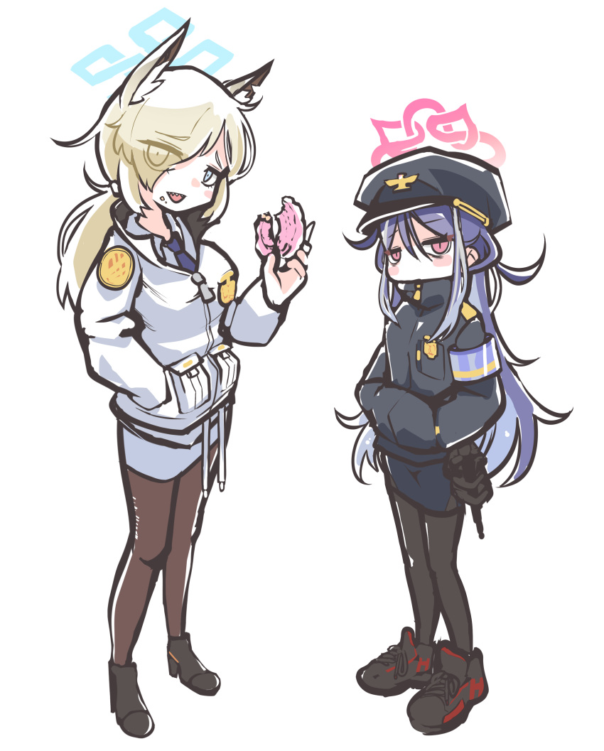 2girls absurdres animal_ear_fluff animal_ears armband badge black_footwear black_jacket black_pantyhose blonde_hair blue_archive blue_eyes blue_halo blue_necktie boots cosplay costume_switch doughnut food fubuki_(blue_archive) hair_between_eyes hair_over_one_eye halo hands_in_pockets hat high_heel_boots high_heels highres holding holding_food jacket kanna_(blue_archive) long_hair long_sleeves looking_at_viewer multiple_girls necktie pantyhose peaked_cap pink_halo police police_badge police_uniform policewoman purple_armband purple_hair red_eyes sharp_teeth shoeguy shoes simple_background skirt sneakers standing teeth uniform walkie-talkie white_background white_jacket