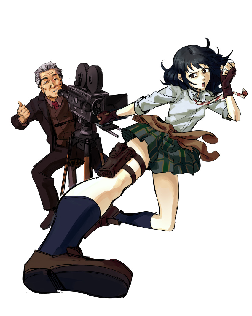 1boy 1girl absurdres betofu black_hair blue_socks brown_eyes clothes_around_waist commission coppelion crossover english_commentary fingerless_gloves flying_kick gloves green_skirt grey_hair highres holster kicking kneehighs loafers long_hair miniskirt movie_camera name_connection naruse_ibara naruse_mikio necktie old old_man open_mouth pale_skin pleated_skirt real_life_insert recording red_necktie school_uniform second-party_source shirt shoes simple_background sitting skirt sleeves_rolled_up socks striped_necktie suit thigh_holster thumbs_up vest white_background white_shirt