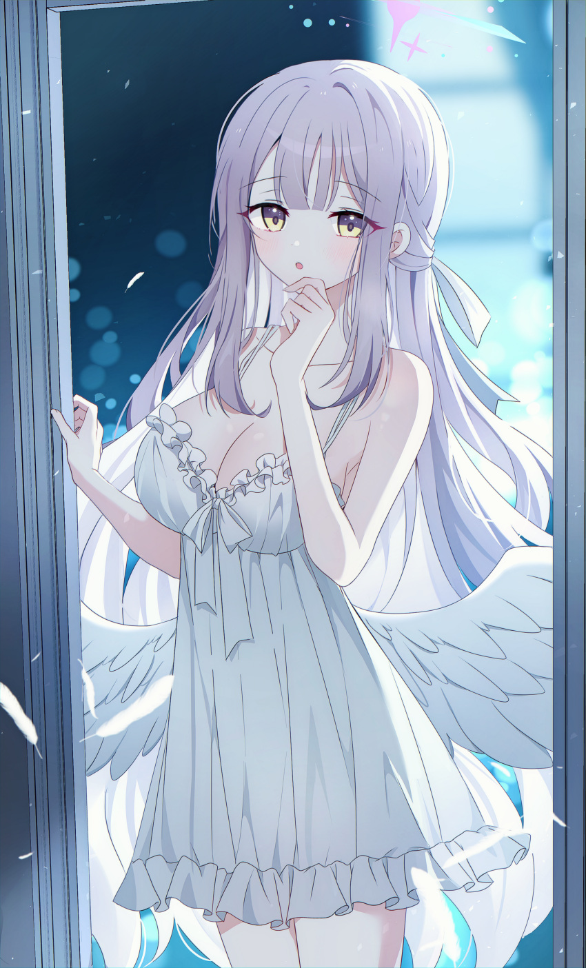 1girl absurdres alternate_costume angel_wings blue_archive blush breasts cleavage cowboy_shot dress feathered_wings halo highres large_breasts long_hair looking_at_viewer mika_(blue_archive) open_mouth pink_hair pink_halo seno_(senohime) solo white_dress white_wings wings yellow_eyes