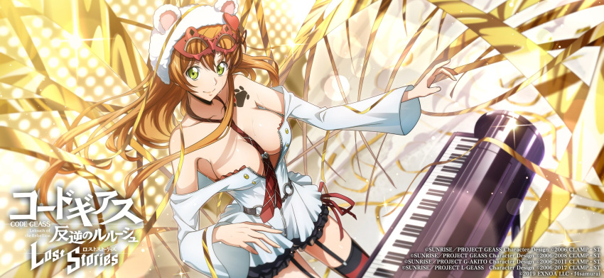1girl animal_ears between_breasts black_skirt breasts brown_hair closed_mouth code_geass code_geass:_lost_stories collarbone copyright_name fake_animal_ears floating_hair garter_straps green_eyes highres instrument jacket large_breasts lens_flare long_hair long_sleeves mask mask_on_head microskirt music necktie necktie_between_breasts official_art open_clothes open_jacket playing_instrument playing_piano red_necktie shirley_fenette skirt smile solo standing striped striped_thighhighs thighhighs very_long_hair white_headwear white_jacket zettai_ryouiki
