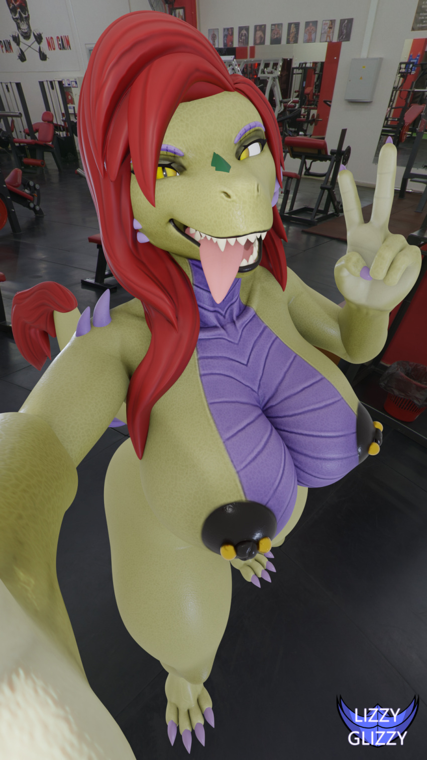2023 3d_(artwork) 9:16 areola black_areola black_lips black_nipples breasts camera_view claws digital_media_(artwork) fangs female_(lore) gesture green_body green_scales green_tail gym hair hi_res juna_june_(lizzyglizzy) komodo_dragon lips lizard lizzyglizzy looking_at_viewer markings monitor_lizard multicolored_body multicolored_scales nipple_piercing nipples non-mammal_breasts nude paws photo_background photography_(artwork) piercing purple_body purple_claws purple_scales red_hair red_tail reptile scale_markings scales scalie selfie tail teeth tongue tongue_out two_tone_body two_tone_scales v_sign watermark yellow_eyes