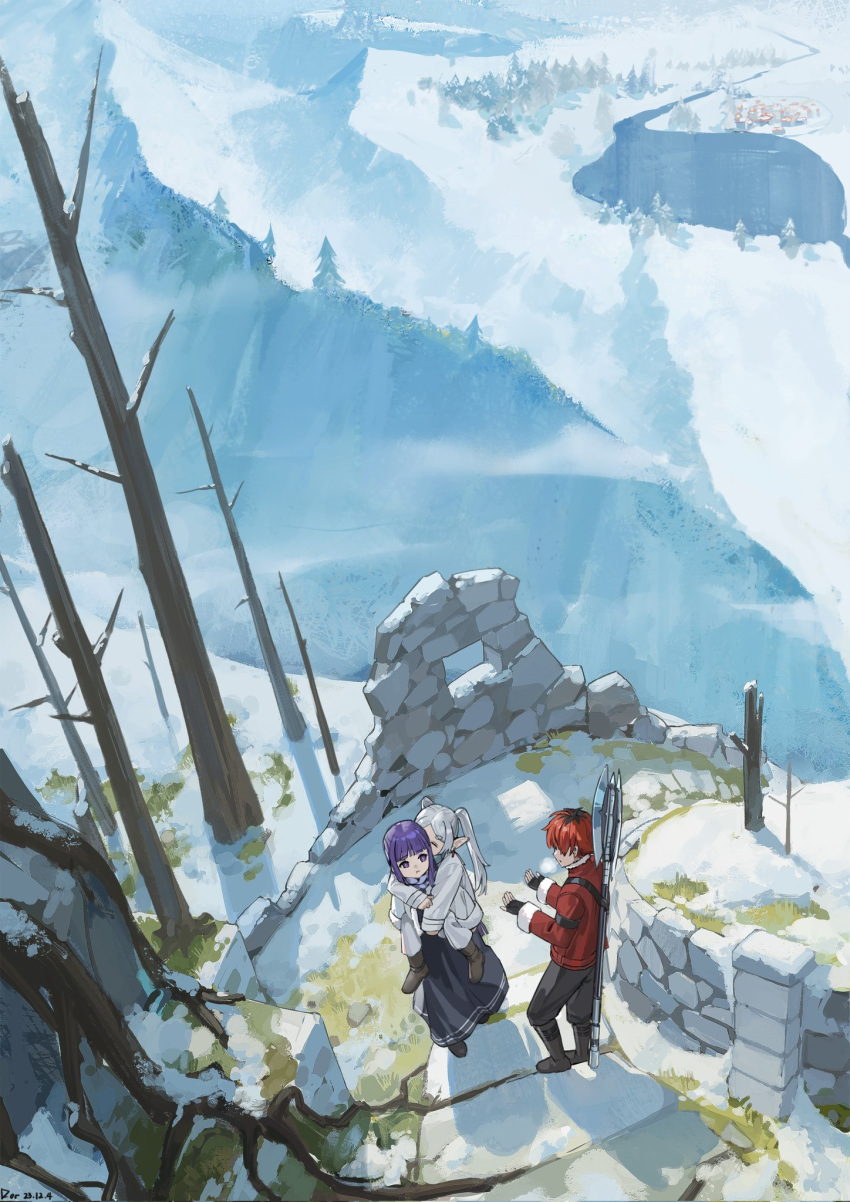 1boy 2girls artist_name axe bare_tree black_footwear black_hair black_pants brick brown_footwear carrying coat dated dor_m fern_(sousou_no_frieren) frieren highres lake long_sleeves looking_at_another mountain multicolored_hair multiple_girls outdoors pants piggyback pine_tree pointy_ears purple_eyes purple_hair red_coat red_hair river roots scenery sleeves_past_wrists snow sousou_no_frieren standing stark_(sousou_no_frieren) tree twintails weapon weapon_on_back white_hair