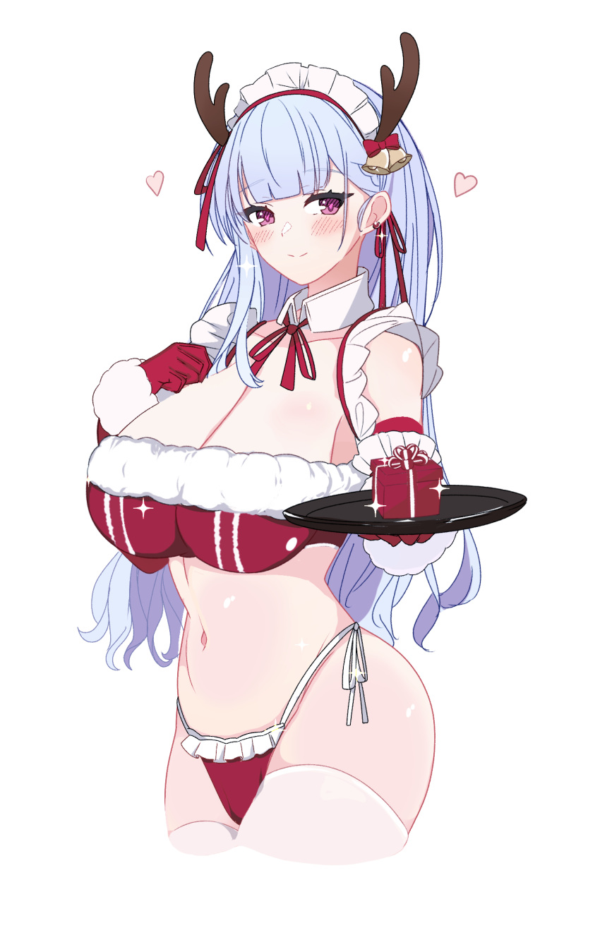 1girl antlers azur_lane bikini blue_hair blunt_bangs blush box breasts christmas cleavage closed_mouth collar collarbone cropped_legs detached_collar dido_(azur_lane) fake_antlers gift gift_box gloves hands_up heart heart-shaped_pupils highres holding holding_tray large_breasts londom_(lonhomewell) long_hair looking_at_viewer maid maid_headdress navel purple_eyes red_bikini red_gloves reindeer_antlers santa_bikini santa_costume side-tie_bikini_bottom simple_background smile solo sparkle stomach swimsuit symbol-shaped_pupils thighhighs tray white_background white_collar white_thighhighs