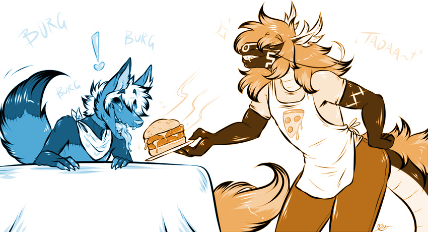 ! anthro burger canine clothed clothing dragon duo eastern_dragon food fur hair male mammal maplecookies open_mouth smile