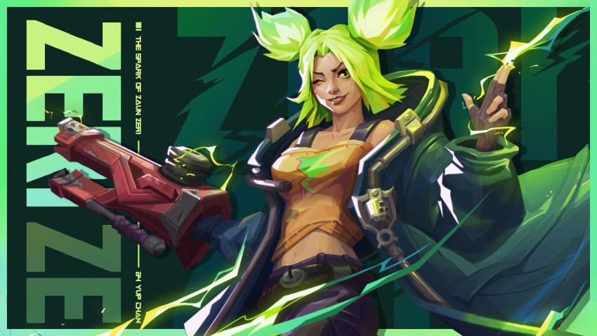 blue_jacket bolt brown_gloves brown_pants character_name electricity electrokinesis finger_gun fingerless_gloves gloves green_eyes green_hair gun highres holding holding_gun holding_weapon jacket league_of_legends lightning_bolt_symbol midriff one_eye_closed open_clothes open_jacket pants parted_bangs tank_top twintails weapon yellow_tank_top yupv5 zeri_(league_of_legends)