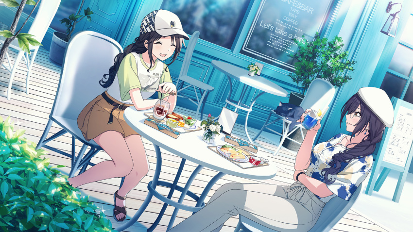 2girls alternate_costume animal baseball_cap beret black_cat black_hair bracelet braid breasts cafe cat chair closed_eyes collarbone cup drink earrings flower food friends fruit glass glasses hair_between_eyes hair_down hair_over_shoulder hat highres holding holding_cup ice ice_cube idolmaster idolmaster_shiny_colors idolmaster_shiny_colors_song_for_prism jewelry large_breasts lemon lemon_slice long_hair medium_breasts menu_board mitsumine_yuika multiple_girls official_alternate_costume official_alternate_hairstyle open_mouth outdoors pants patterned_clothing plant plate potted_plant rose sandals shirase_sakuya shirt shorts side_braid side_braids sidelocks single_braid sitting smile sunlight t-shirt table watch white_flower white_pants white_rose wristwatch yellow_eyes