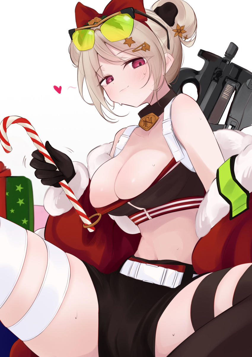 1girl absurdres blush bow box breasts brown_hair bullpup candy candy_cane choker cleavage commission eyewear_on_head food gift gift_box girls'_frontline gun hair_bow highres holding holding_candy holding_candy_cane holding_food ohichi16 p90 p90_(girls'_frontline) p90_(scarlet_turbo)_(girls'_frontline) red_eyes skeb_commission solo spread_legs submachine_gun sweatdrop weapon