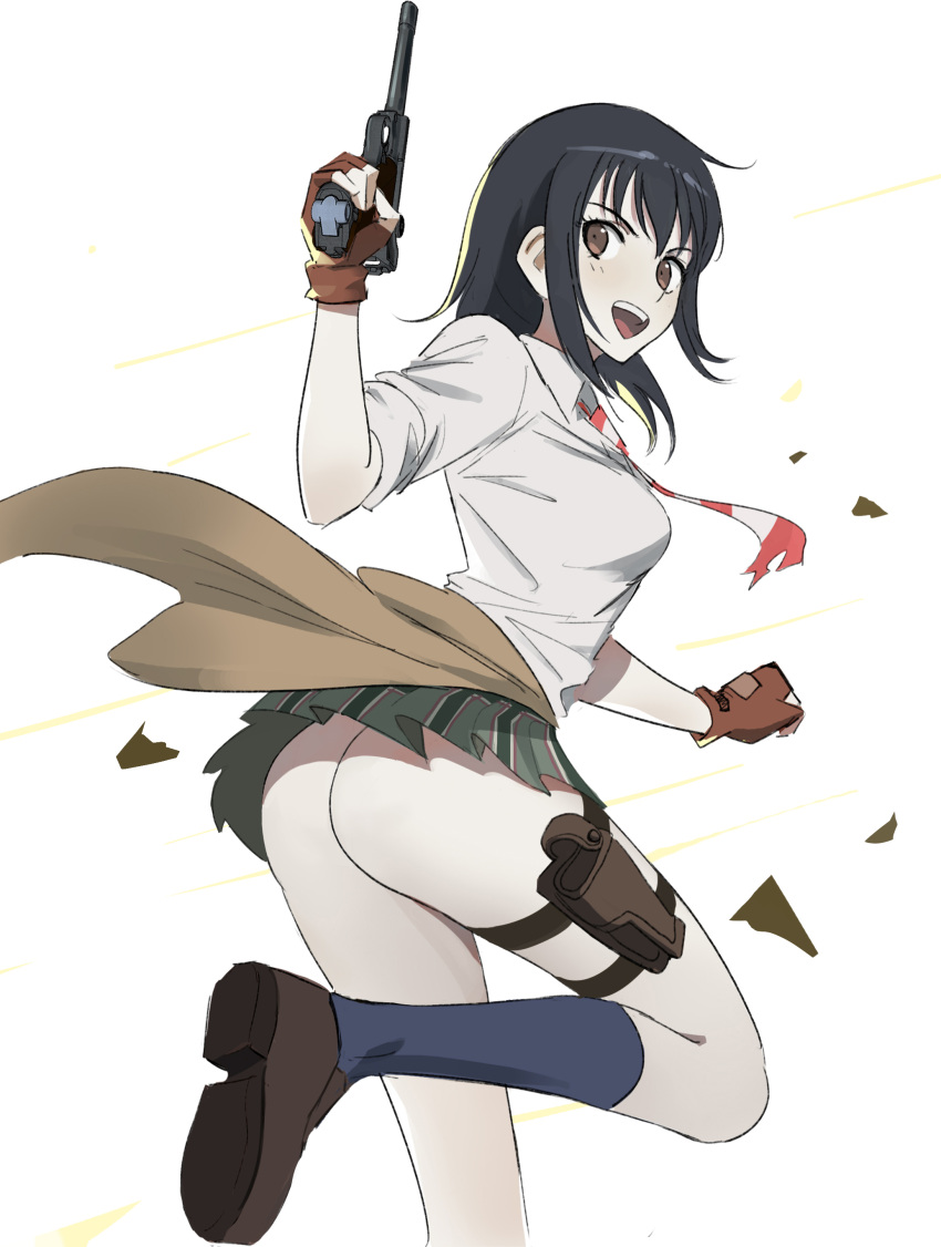 1girl absurdres ass black_hair blue_socks brown_eyes clothes_around_waist commission coppelion fingerless_gloves gloves gun handgun highres holster kneehighs loafers long_hair looking_back luger_p08 miniskirt naruse_ibara necktie no_panties open_mouth qosic school_uniform second-party_source shirt shoes simple_background skirt sleeves_rolled_up smile socks solo standing standing_on_one_leg thigh_holster torn_clothes torn_necktie weapon white_background white_shirt