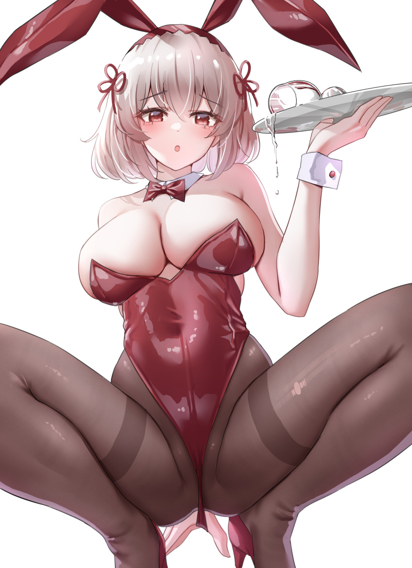 1girl absurdres animal_ears azur_lane blush bob_cut breasts classic_(zildjian33) cleavage detached_collar fake_animal_ears hair_between_eyes high_heels highleg highleg_leotard highres holding holding_tray large_breasts leotard looking_at_viewer pantyhose playboy_bunny rabbit_ears red_eyes red_leotard short_hair sirius_(azur_lane) solo spill squatting strapless strapless_leotard tray white_background white_hair wrist_cuffs