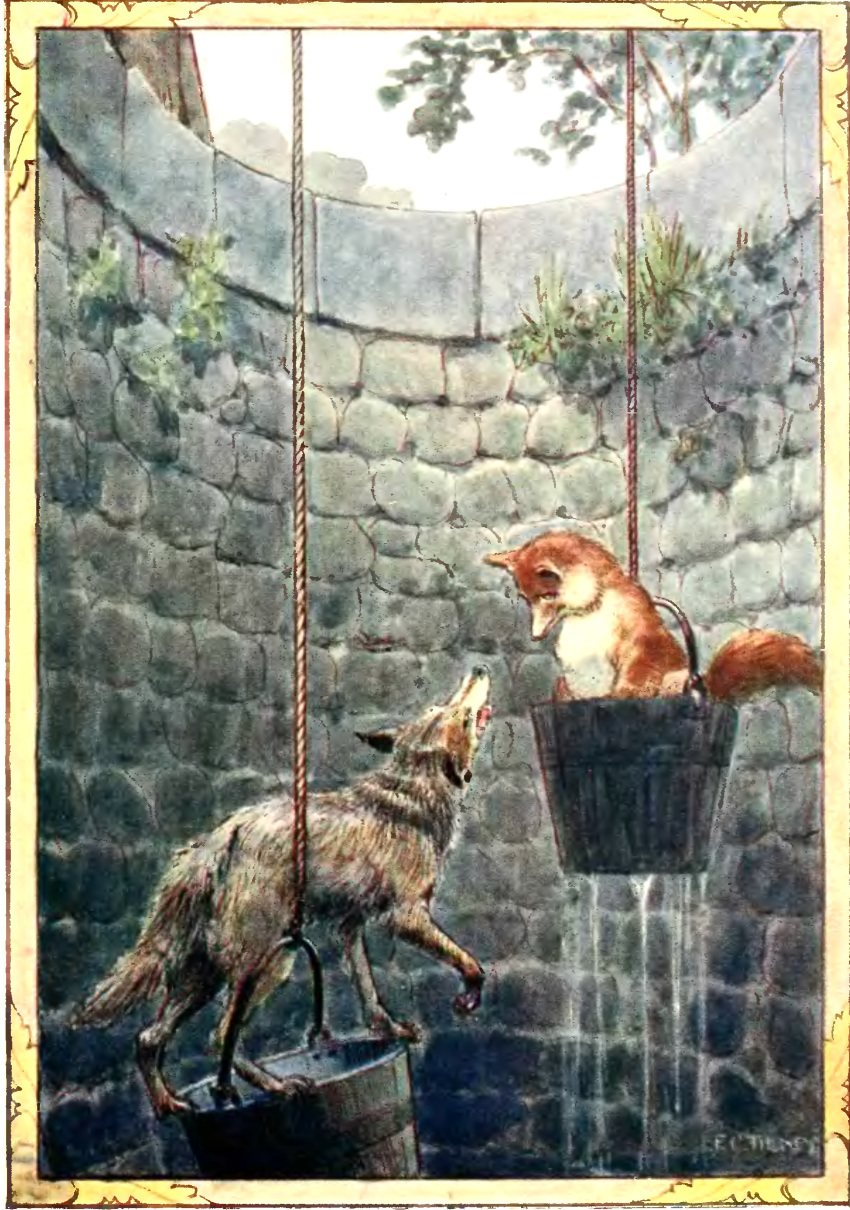 1913 20th_century absurd_res ambiguous_gender ancient_art belly bucket canid canine canis container duo feral fox frederick_colin_tilney fur grey_body grey_fur hi_res mammal orange_body orange_fur plant public_domain rope the_original_fables_of_la_fontaine the_wolf_and_the_fox_in_the_well traditional_media_(artwork) water well white_belly wolf