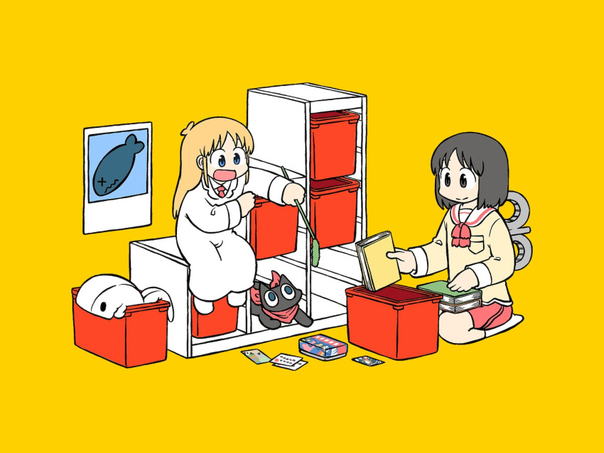 2girls arawi_keiichi black_eyes black_hair blonde_hair blue_eyes book cat commentary holding ikea indoors multiple_girls nichijou poster_(object) professor_shinonome sakamoto_(nichijou) scarf shark shinonome_nano simple_background sitting