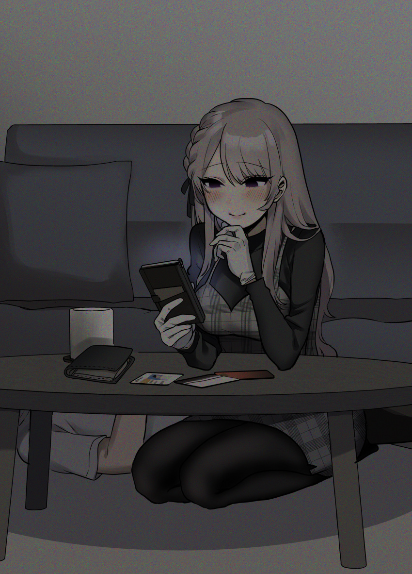 1boy 1girl absurdres blush braid breasts brown_hair candle carpet cellphone couch credit_card drugged gloves highres id_card implied_drugging large_breasts leggings light_smile long_hair long_sleeves original phone pillow purple_eyes ribbon rubber_gloves semimaru_(user_zzuy5884) smartphone table wallet wooden_table yandere