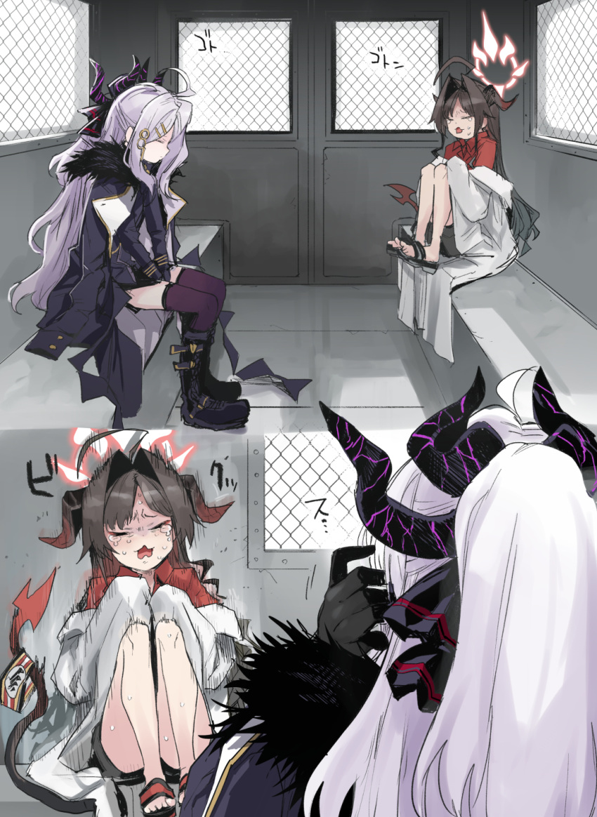 2girls ahoge black_footwear black_gloves black_hair black_horns black_shorts black_thighhighs black_wings blue_archive boots closed_eyes coat coat_on_shoulders crying demon_horns demon_tail gloves hair_ornament hairclip halo highres hina_(blue_archive) horns kasumi_(blue_archive) knees_up lab_coat long_hair long_sleeves low_wings multiple_girls multiple_horns off_shoulder open_mouth red_shirt sadamatsu_ryuuichi shirt shorts sitting tail thighhighs white_hair wings