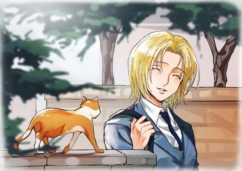 1girl ^_^ animal blazer blonde_hair blue_jacket blue_necktie blurry breasts cat closed_eyes collared_shirt crernebrulee depth_of_field facing_viewer highres hunter_x_hunter jacket korean_commentary necktie pakunoda shirt short_hair smile tree upper_body white_shirt