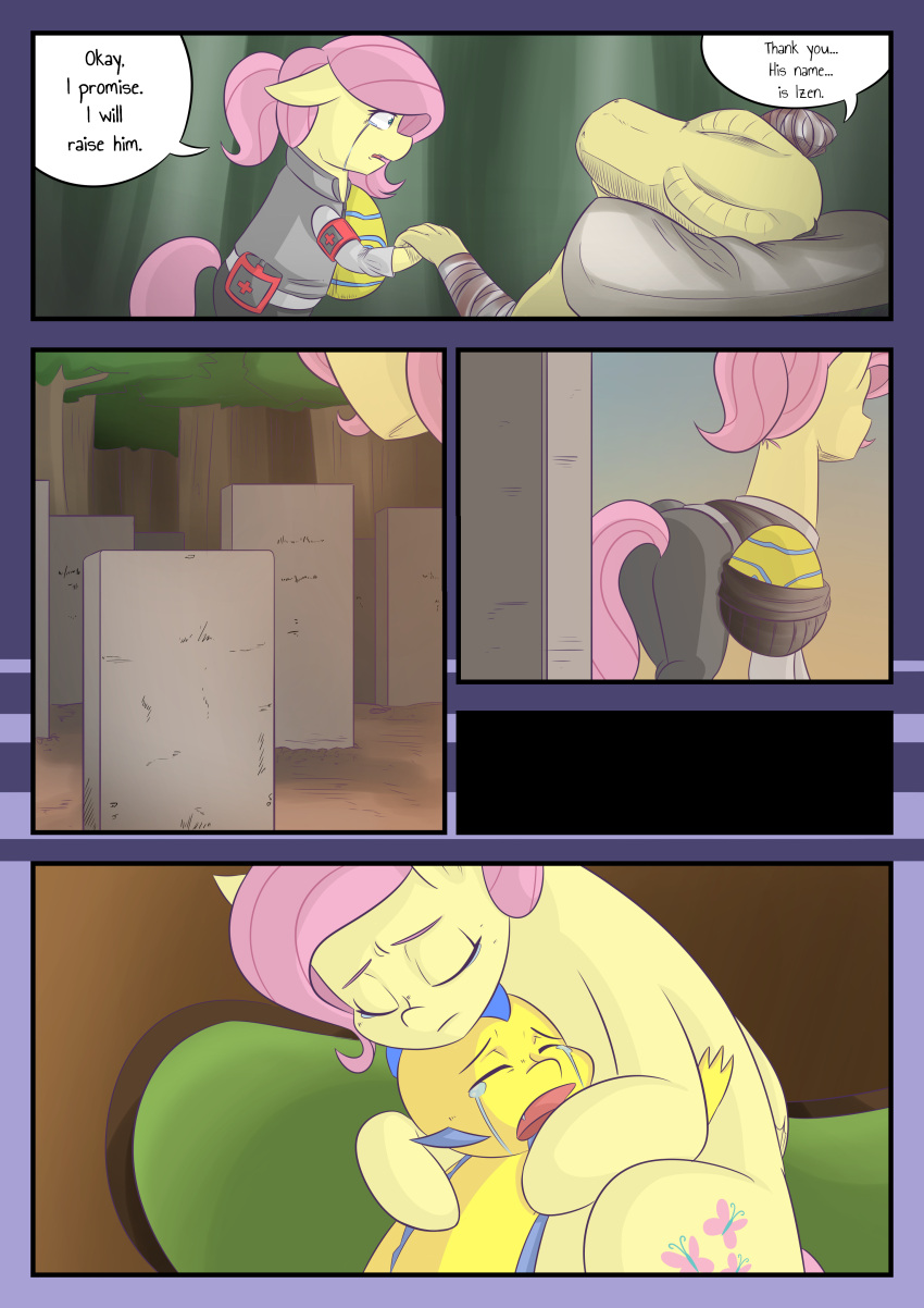 absurd_res bandage blood bodily_fluids cemetery comic crying dialogue dragon egg equid equine eyelashes female feral fluttershy_(mlp) friendship_is_magic hair hasbro hi_res lying mammal mustachedbain my_little_pony on_back pillow pink_hair scalie tears teeth yellow_body