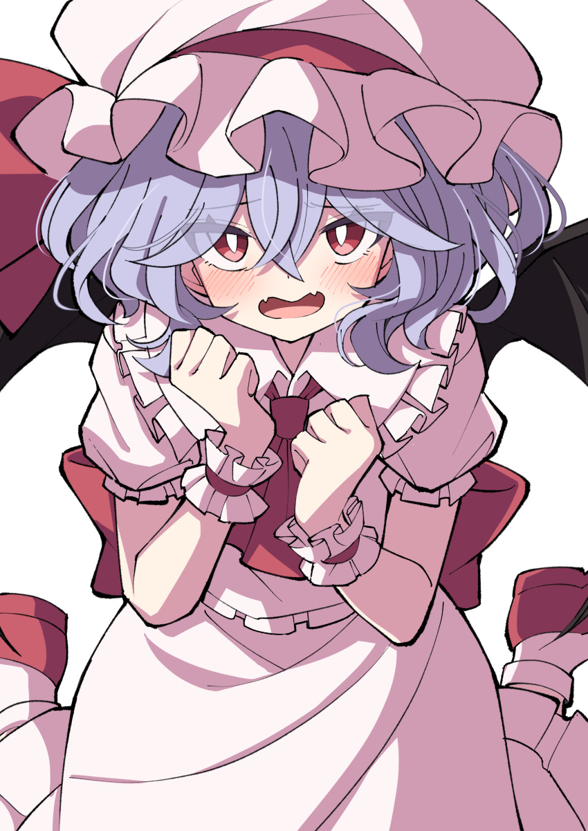 1girl absurdres bat_wings black_wings blue_hair bright_pupils hair_between_eyes hat highres looking_at_viewer mob_cap open_mouth red_eyes remilia_scarlet shirt short_hair short_sleeves simple_background sitting skirt solo touhou tsukimirin white_background white_headwear white_pupils white_shirt white_skirt wings wrist_cuffs