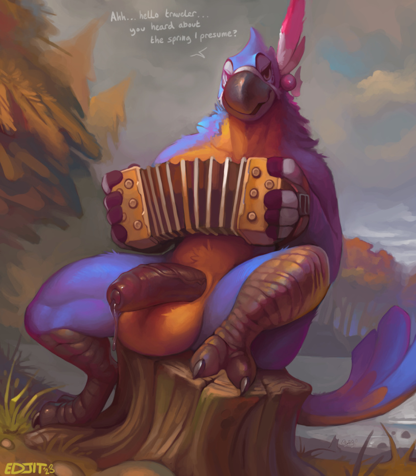 accordion ambient_among_us ambient_crewmate_(among_us) anthro avian avian_feet balls beak big_balls big_penis bird black_penis blue_body blue_feathers bodily_fluids breath_of_the_wild claws dialogue edjit feathers foreskin genital_fluids genitals half-erect hi_res huge_balls huge_penis humanoid_genitalia humanoid_penis kass_(tloz) male musical_instrument nintendo outside penis precum precum_string rito sitting_on_stump solo spread_legs spreading tail tail_feathers the_legend_of_zelda tree_stump yellow_body yellow_feathers