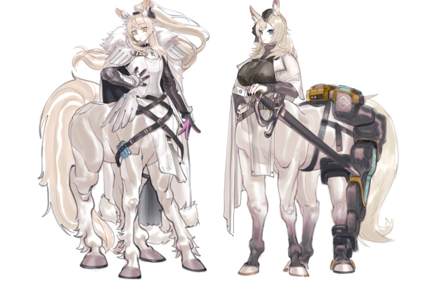 2girls absurdres animal_ear_fluff animal_ears arknights armor aunt_and_niece belt black_belt black_bow black_gloves black_headwear black_nails blemishine_(arknights) blonde_hair blue_eyes bow breastplate breasts cape centaur chinese_commentary closed_mouth clothes_writing commentary_request earrings full_body fur-trimmed_armor fur_trim garrison_cap gloves hair_between_eyes hair_bow hand_on_hilt hand_on_own_hip hat highres hitobashira_(1746164306) horse_ears horse_girl horse_tail jewelry kingdom_of_kazimierz_logo large_breasts long_hair looking_at_viewer monster_girl monsterification multiple_girls pelvic_curtain plate_armor ponytail scabbard sheath sheathed short_eyebrows sidelocks simple_background small_breasts smile standing stud_earrings sword tail taur thick_eyebrows weapon whislash_(arknights) white_background white_cape yellow_eyes