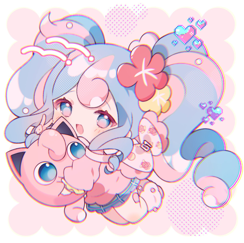 1girl :d blue_eyes blue_hair blush border chromatic_aberration fairy_miku_(project_voltage) feet_up floating_hair flower gradient_eyes hair_between_eyes hair_flower hair_ornament hand_up hatsune_miku heart highres holding holding_pokemon jigglypuff legs_together long_hair looking_at_viewer miniskirt multicolored_eyes multicolored_hair open_mouth outside_border pink_background pink_eyes pink_hair pink_shirt plaid plaid_skirt pokemon pokemon_(creature) project_voltage red_flower shirt simple_background skirt smile solo twintails two-tone_hair v very_long_hair vocaloid white_border yellow_flower yuni_(irohasuiroiro)
