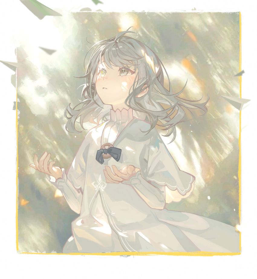 1girl aged_down blinklikeer chinese_commentary commentary_request day dress grey_eyes grey_hair hands_up highres long_hair long_sleeves looking_up outdoors paper_airplane parted_lips reverse:1999 solo upper_body vertin_(reverse:1999) white_dress