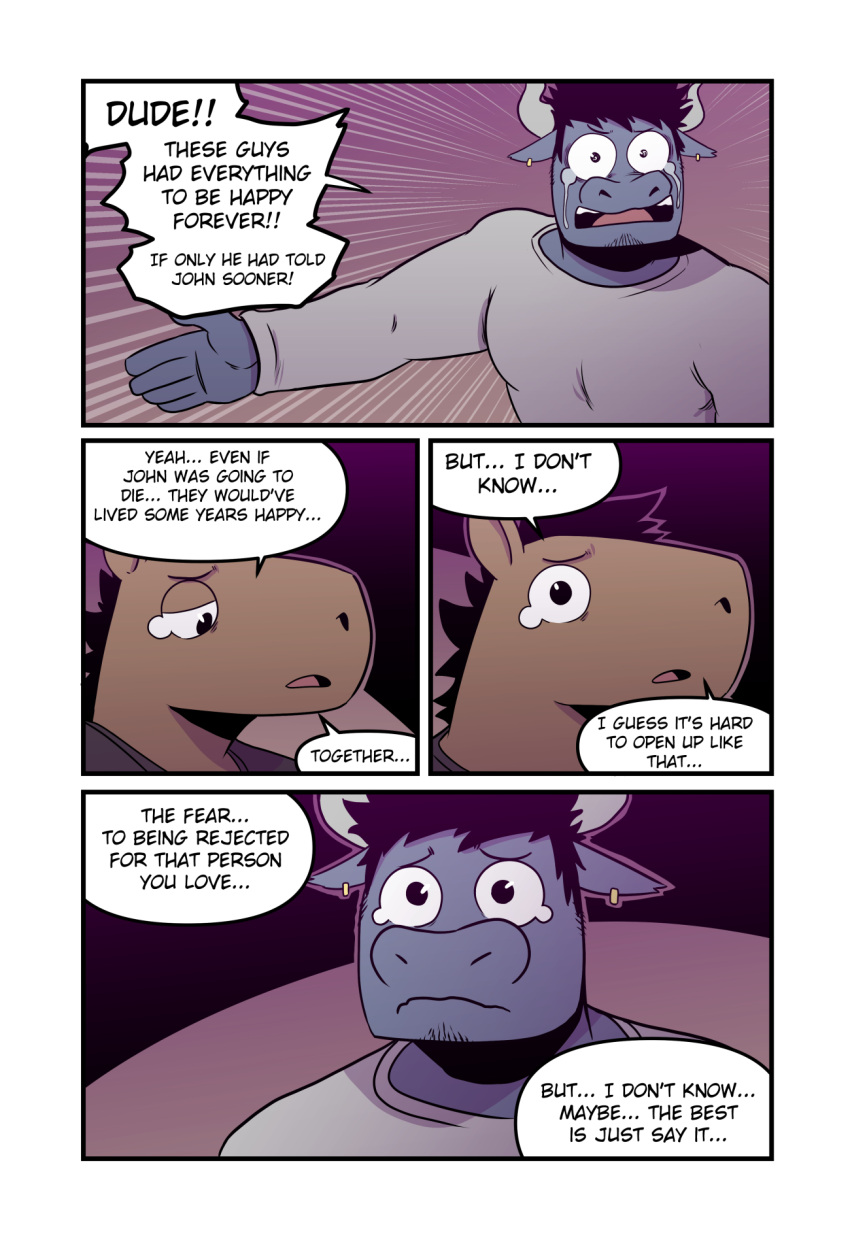 anthro bodily_fluids bovid bovine cattle comic duo ear_piercing english_text equid equine hi_res horn horse jake_(t0l0k) male mammal milo_(t0l0k) piercing t0l0k tears text