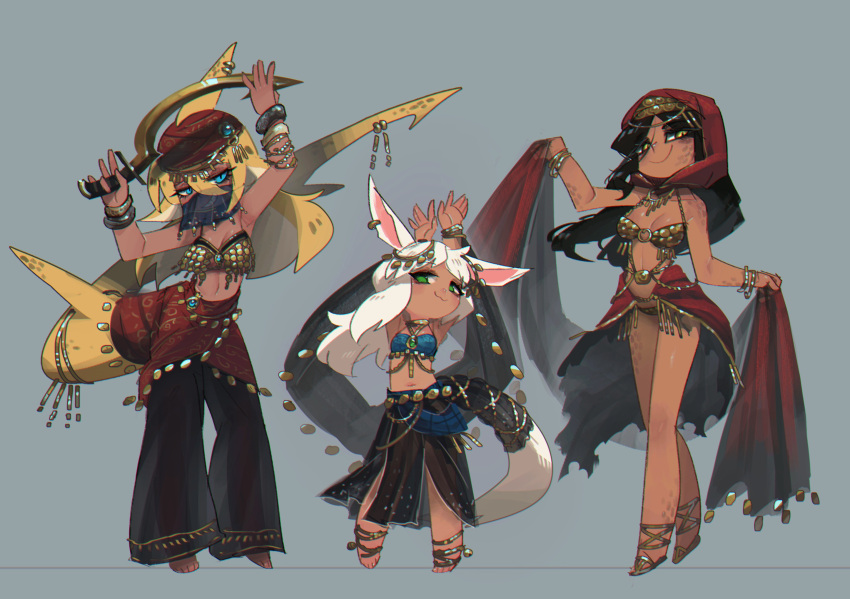 3girls :3 animal_ears anklet arms_up barefoot black_hair blonde_hair blue_eyes bracelet dancer dark-skinned_female dark_skin earrings fantasy fins fish_tail full_body green_eyes grey_background grin highres jewelry khopesh looking_at_viewer mouth_veil multiple_girls navel original porforever shark_girl shark_tail shawl smile tail veil white_hair yellow_eyes