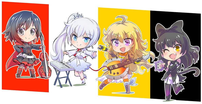 ahoge black_hair blake_belladonna blonde_hair cape cat_tail chibi commentary_request ember_celica_(rwby) guitar highres iesupa instrument keyboard_(instrument) multiple_girls ponytail red_hair ruby_rose rwby rwby_chibi tail tambourine weiss_schnee white_hair yang_xiao_long