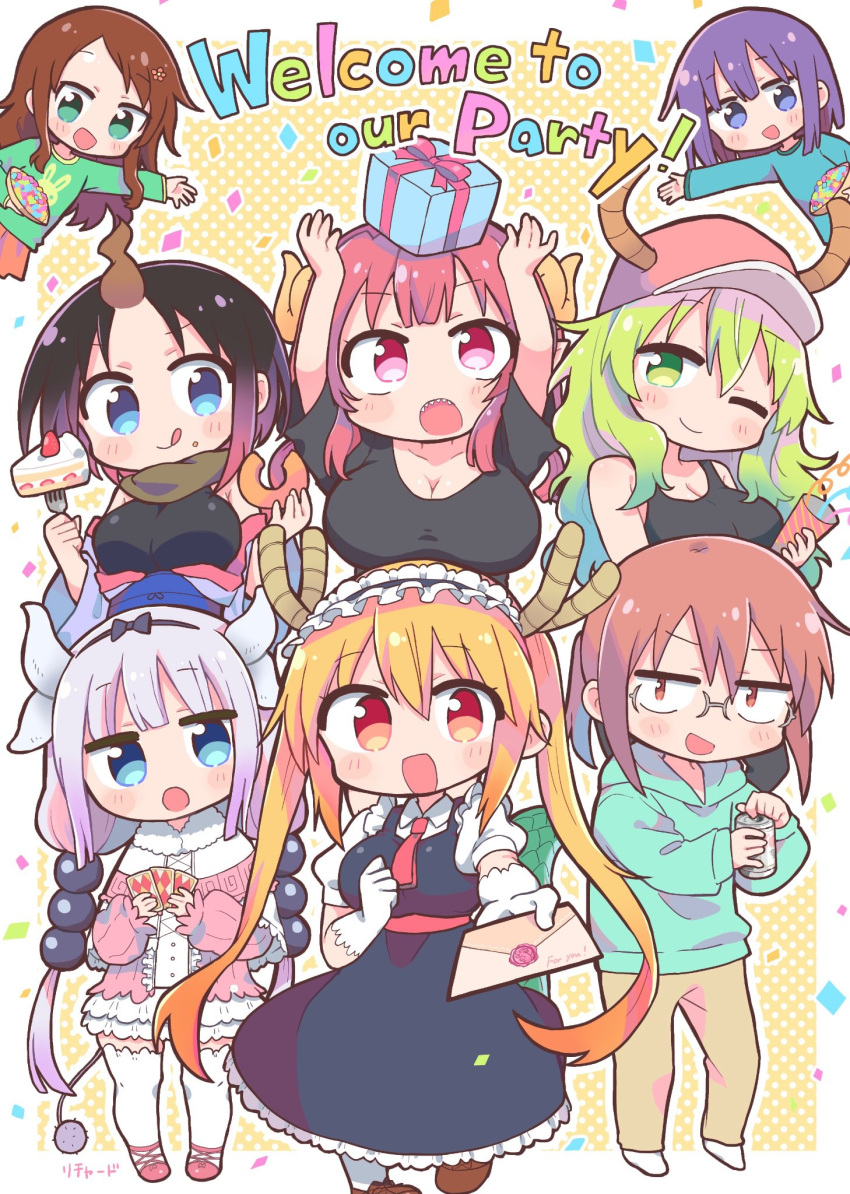 1boy 1girl 6+girls :d :o aqua_shirt ascot bare_shoulders baseball_cap beads black_dress blonde_hair blue_eyes blue_shirt blunt_bangs border box breasts brown_footwear brown_hair brown_horns brown_scarf cake can card cleavage closed_mouth confetti doughnut dragon_girl dragon_horns dress drink_can english_text food fork gift gift_box gloves gradient_hair green_eyes green_hair green_shirt grey_shirt hair_beads hair_between_eyes hair_ornament hairband hat highres holding holding_can holding_card holding_doughnut holding_fork holding_letter holding_party_popper horns huge_breasts ilulu_(maidragon) kanna_kamui kobayashi-san_chi_no_maidragon letter light_blush long_hair low_twintails lucoa_(maidragon) magatsuchi_shouta multicolored_hair multiple_girls one_eye_closed open_mouth orange_background orange_eyes orange_hair orange_horns orange_skirt outline pants party party_popper pink_dress pink_footwear playing_card pleated_skirt pointy_ears polka_dot polka_dot_background print_shirt purple_hair red_ascot red_eyes red_hair richard_(richaball) saikawa_riko scarf sharp_teeth shirt sidelocks skirt smile tail teeth thighhighs tongue twintails white_border white_footwear white_gloves white_hair white_outline white_sleeves white_thighhighs yellow_pants