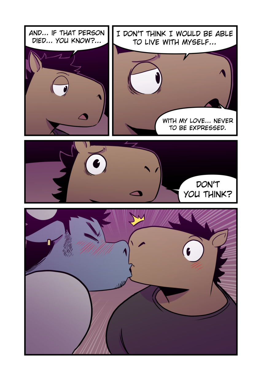 anthro blush bovid bovine cattle comic duo ear_piercing english_text equid equine hi_res horn horse jake_(t0l0k) kissing male male/male mammal milo_(t0l0k) piercing t0l0k text