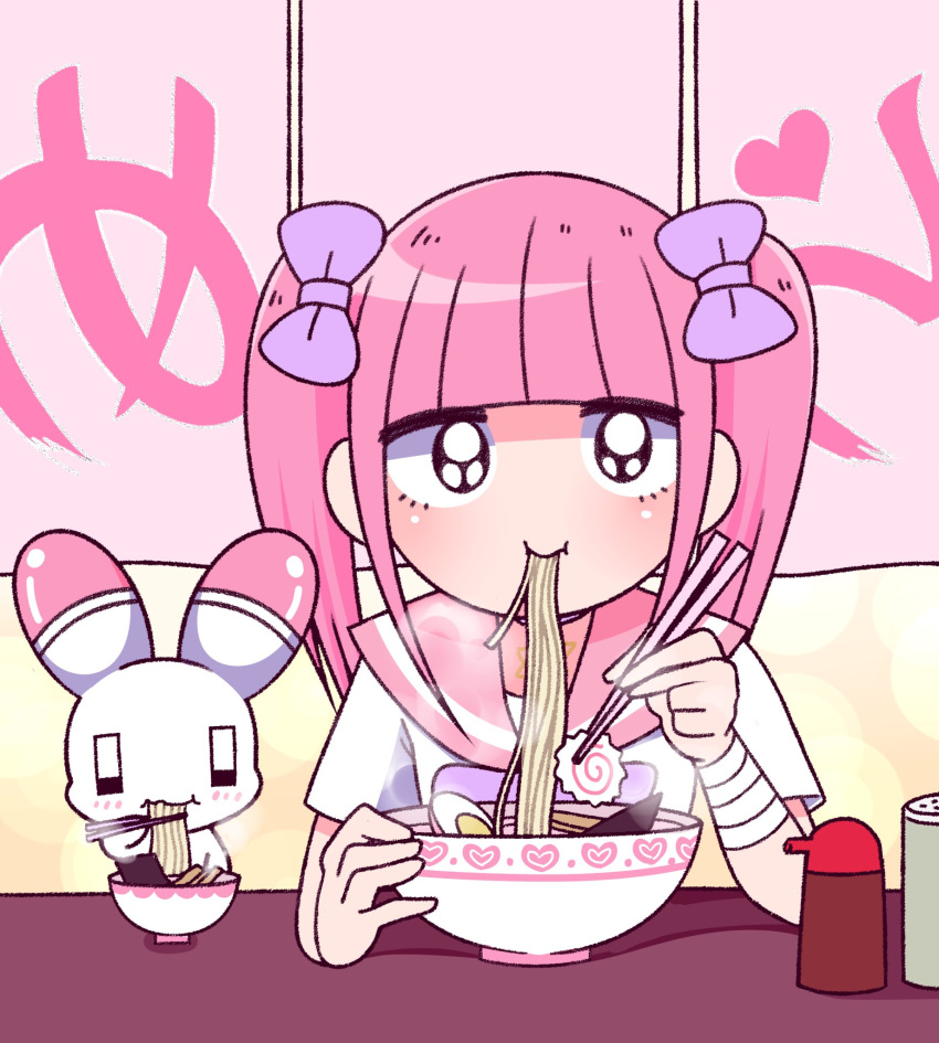 1girl animal bandaged_arm bandages black_eyes blunt_bangs blush bow bowl chopsticks eating ezaki_bisuko flag flag_print food hair_bow heart highres looking_at_viewer menhera-chan_(ezaki_bisuko) menhera-chan_(ezaki_bisuko)_(character) noodles pink_hair pink_sailor_collar purple_bow rabbit ramen sailor_collar school_uniform serafuku short_twintails smile twintails usatan_(ezaki_bisuko) white_serafuku