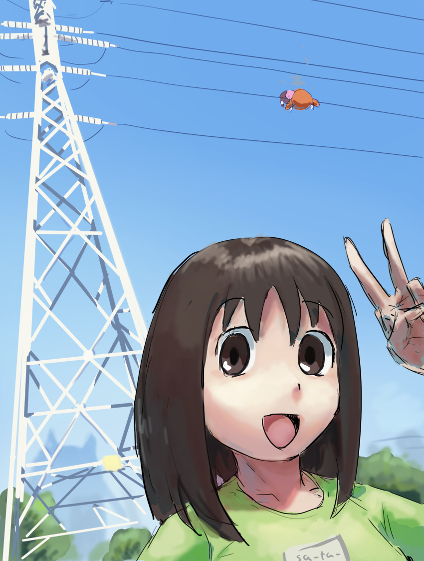 2girls absurdres azumanga_daioh blue_sky brown_eyes brown_hair clear_sky commentary day english_commentary highres kasuga_ayumu liamickpie long_hair looking_at_viewer medium_hair mihama_chiyo multiple_girls open_mouth outdoors power_lines salute sky smile sunlight transmission_tower v